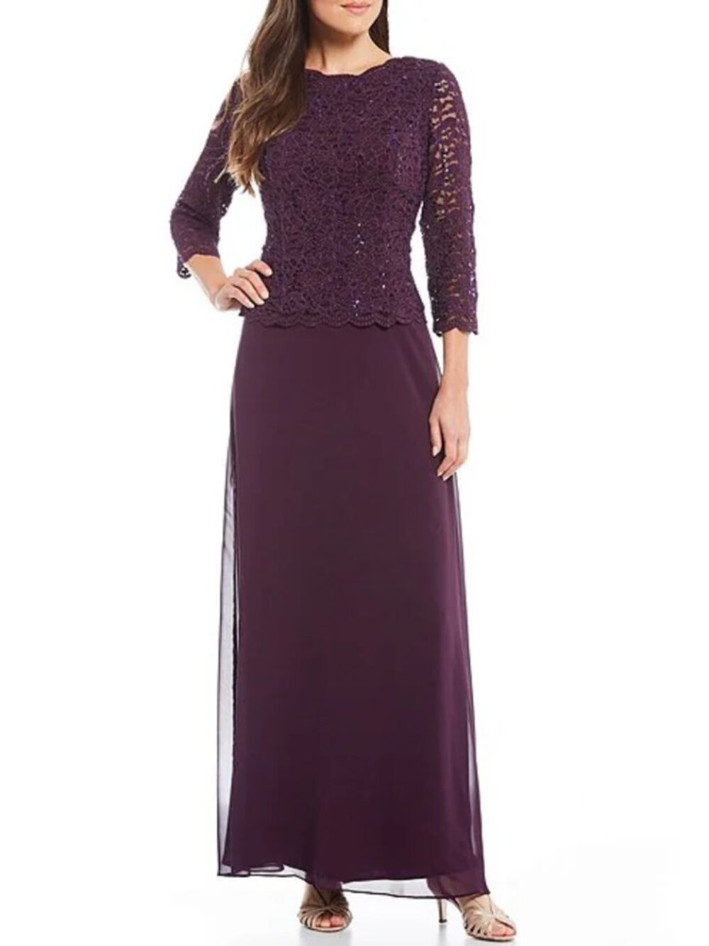 3/4 Sleeve Sequined Lace Crew Neck Scallop Bodice Chiffon Skirt Gown, 10P, Plum